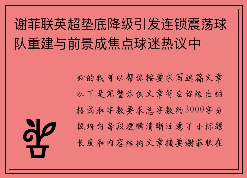 谢菲联英超垫底降级引发连锁震荡球队重建与前景成焦点球迷热议中