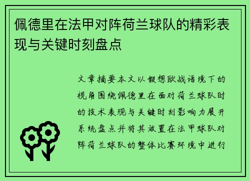 佩德里在法甲对阵荷兰球队的精彩表现与关键时刻盘点