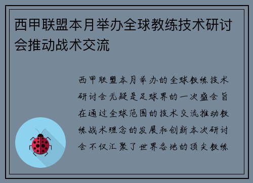 西甲联盟本月举办全球教练技术研讨会推动战术交流